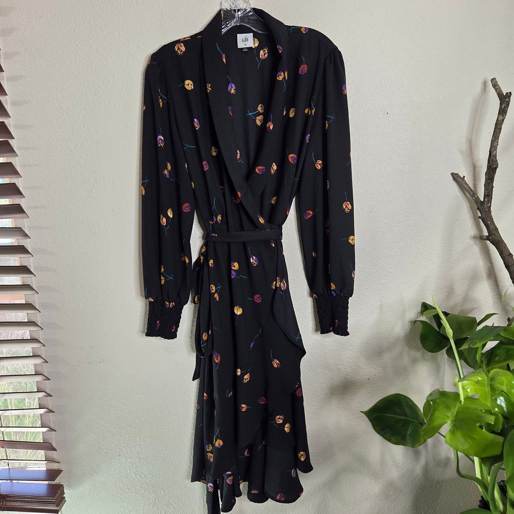 Cabi 4391 Wrap Dress Medium Black Floral Long Sleeve‎